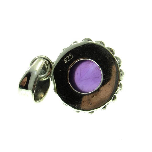Solid 925 Sterling Silver Round Amethyst Drop Pendant - Bali Style Jewelry - Picture 8 of 8